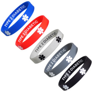 Type 2 Diabetic Medical Alert ID Silicone Bracelets 5-Pack