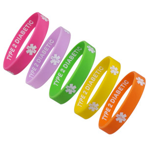 5 Pack TYPE 2 DIABETIC Silicone Wristbands Privacy Enhanced Fun Colors
